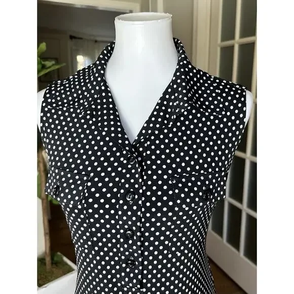 Carole Little Classic Vtg Polka Dot Sleeveless Shirt Dress Size 12 Black Midi - Picture 2 of 6